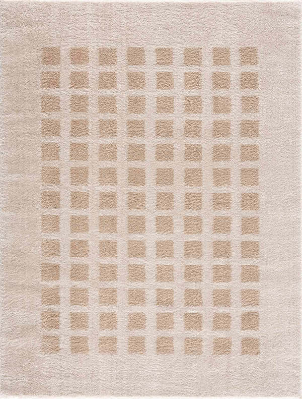Close-up of the Baback Beige Washable Area Rug. Beige rug with a subtle square pattern in a slightly darker beige. Soft texture. Design-Rectangle-537