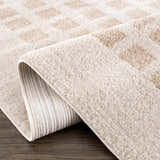 Close-up of the Baback Beige Washable Area Rug showing its soft texture and contemporary beige and peach geometric pattern. Fold