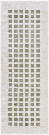 Close-up of the Baback Green Washable Area Rug, featuring a textured white base and lime green geometric square pattern. Design-Runner-2773
