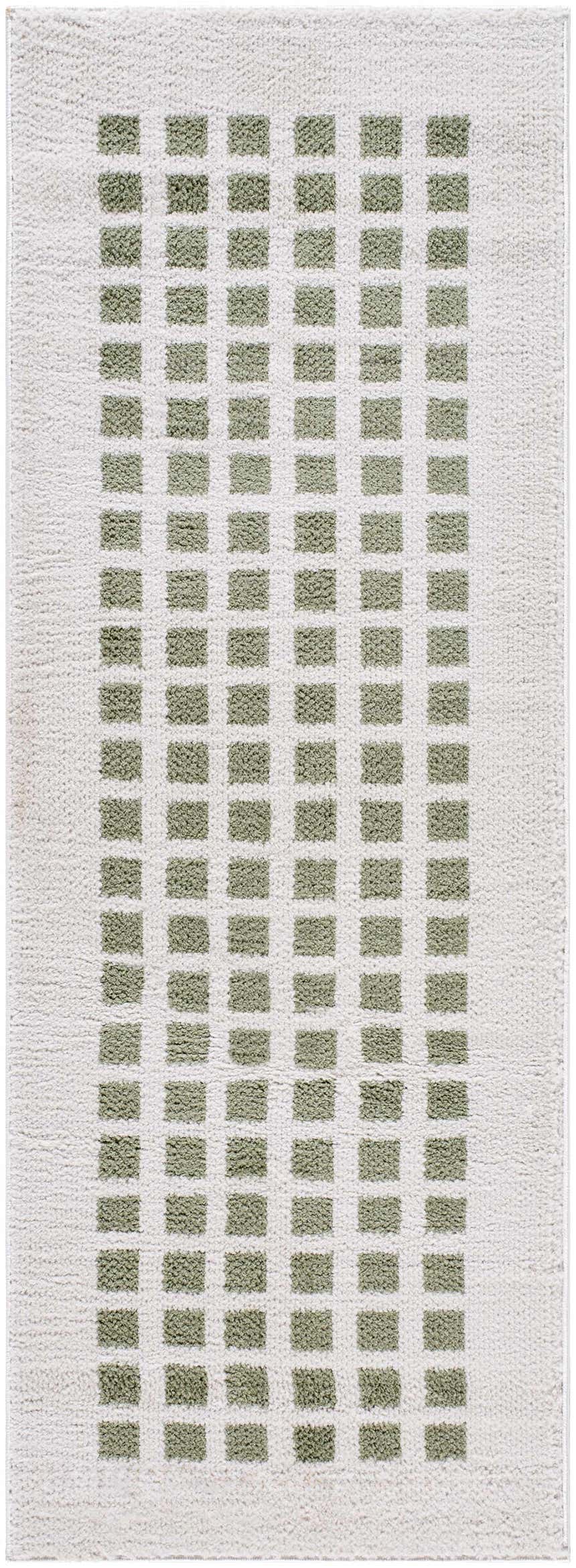 Close-up of the Baback Green Washable Area Rug, featuring a textured white base and lime green geometric square pattern. Design-Runner-2773