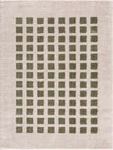 Close-up of the Baback Green Washable Area Rug featuring a grid pattern of lime green squares on a light peach background. Design-Rectangle-537