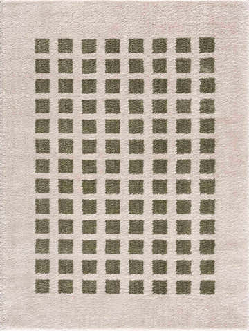 Close-up of the Baback Green Washable Area Rug featuring a grid pattern of lime green squares on a light peach background. Design-Rectangle-537