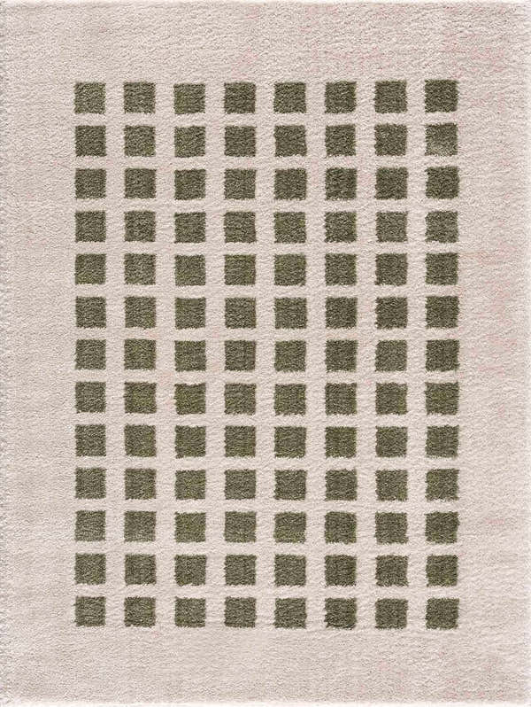Close-up of the Baback Green Washable Area Rug featuring a grid pattern of lime green squares on a light peach background. Design-Rectangle-537