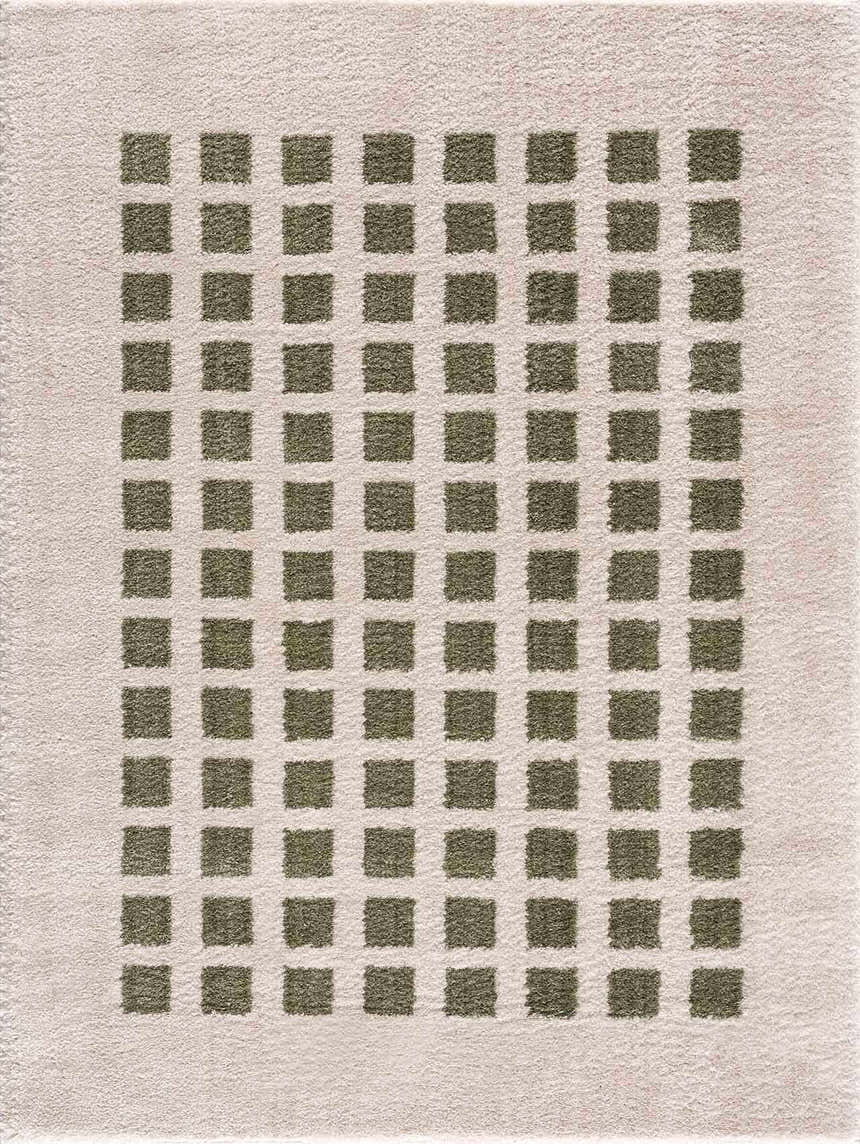Close-up of the Baback Green Washable Area Rug featuring a grid pattern of lime green squares on a light peach background. Design-Rectangle-537