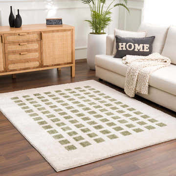 Living room scene with Baback Green Washable Area Rug, cream sofa, wood cabinet, and potted plant. Contemporary style. Roomscene-Rectangle