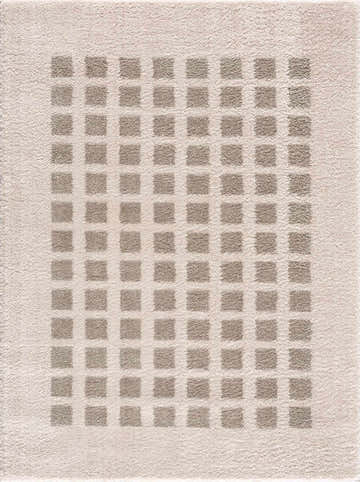 Close-up of the Baback Gray Washable Area Rug. Features a gray square pattern on a light gray, textured polyester rug. Design-Rectangle-537