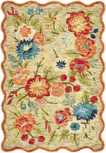 Close-up of the hand-tufted Braith Area Rug. Floral pattern in red, blue, orange, and green on a beige wool rug with wavy border. Design-Rectangle-576