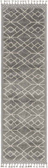 Close-up of the Ballybunnion Area Rug. Charcoal gray rug with a light beige diamond pattern and tassels. Design-Runner-21010