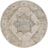 Close-up of the round Ballisodare Thick Luxe Boutique Rug. Features a traditional oriental pattern in beige, taupe, and light gray. Design-Round-67
