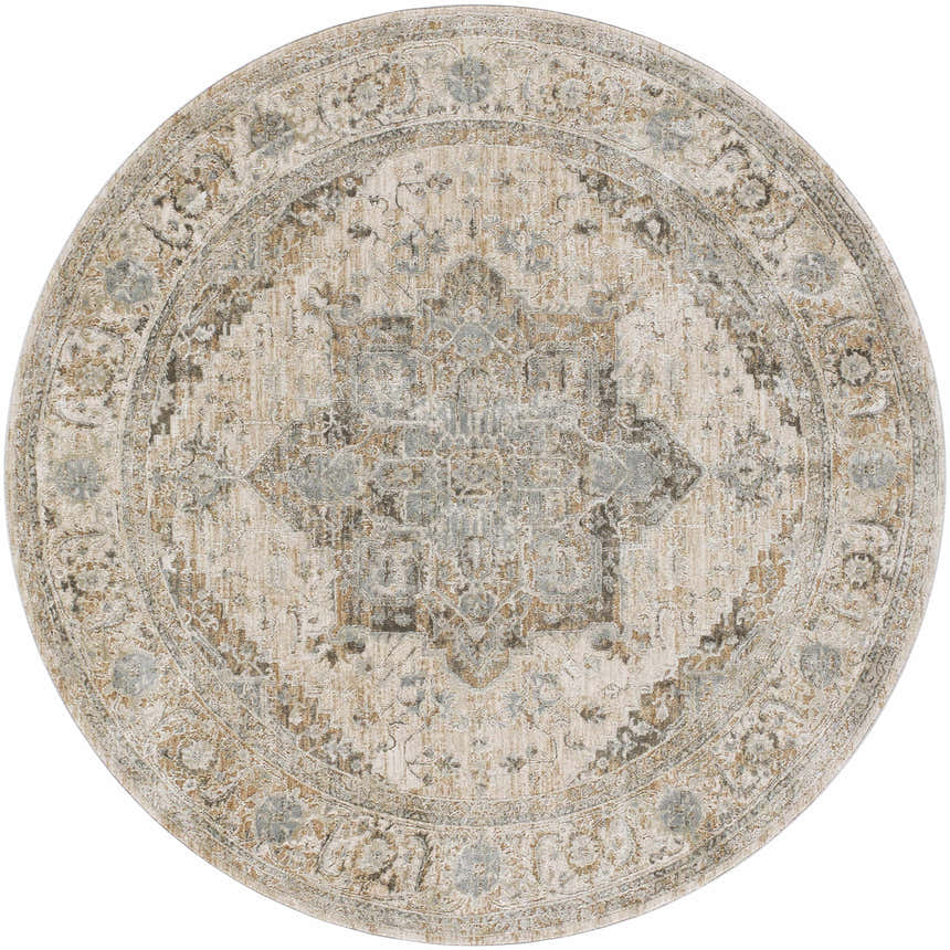 Close-up of the round Ballisodare Thick Luxe Boutique Rug. Features a traditional oriental pattern in beige, taupe, and light gray. Design-Round-67