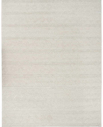 Close-up of the hand woven Bolinger Wool Area Rug. Beige and white rug with a diamond and stripe pattern. Design-Rectangle