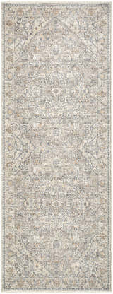 Close-up of the Galey Alix Maria Elena I Vintage Medallion Rug. Beige rug with dark red and navy traditional medallion pattern. Design-Runner-273