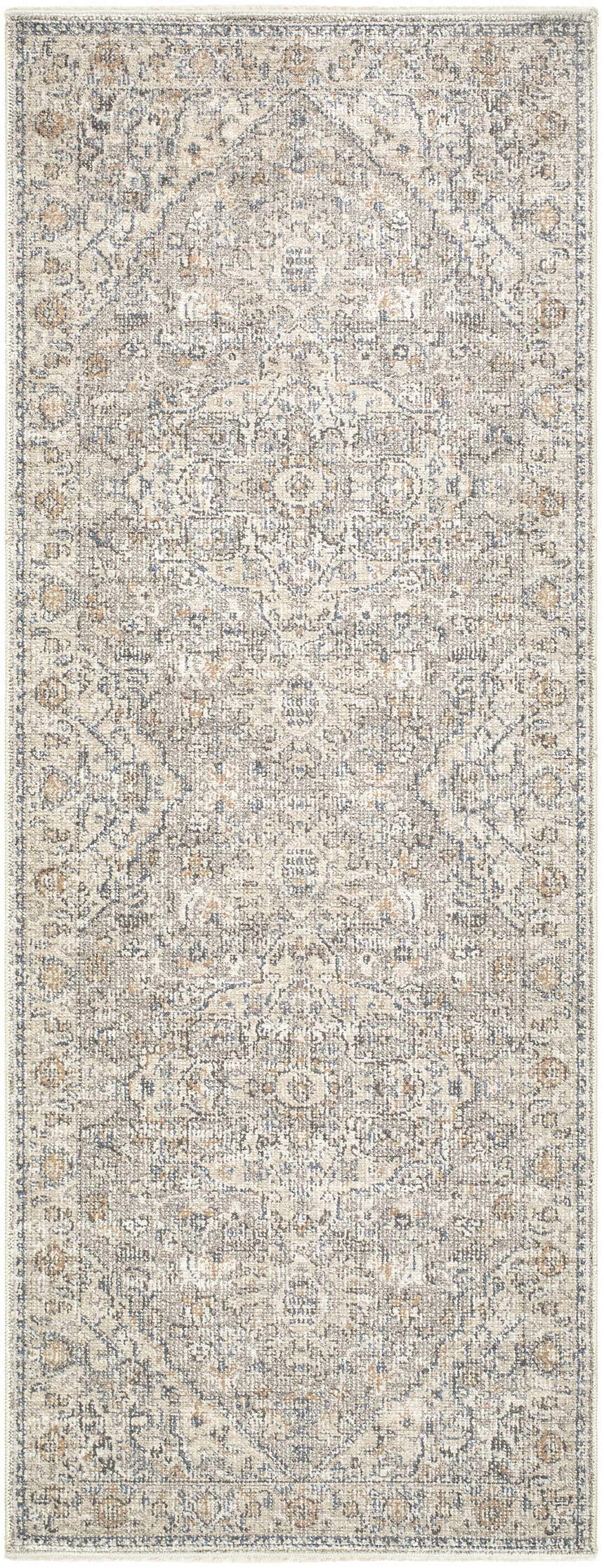Close-up of the Galey Alix Maria Elena I Vintage Medallion Rug. Beige rug with dark red and navy traditional medallion pattern. Design-Runner-273