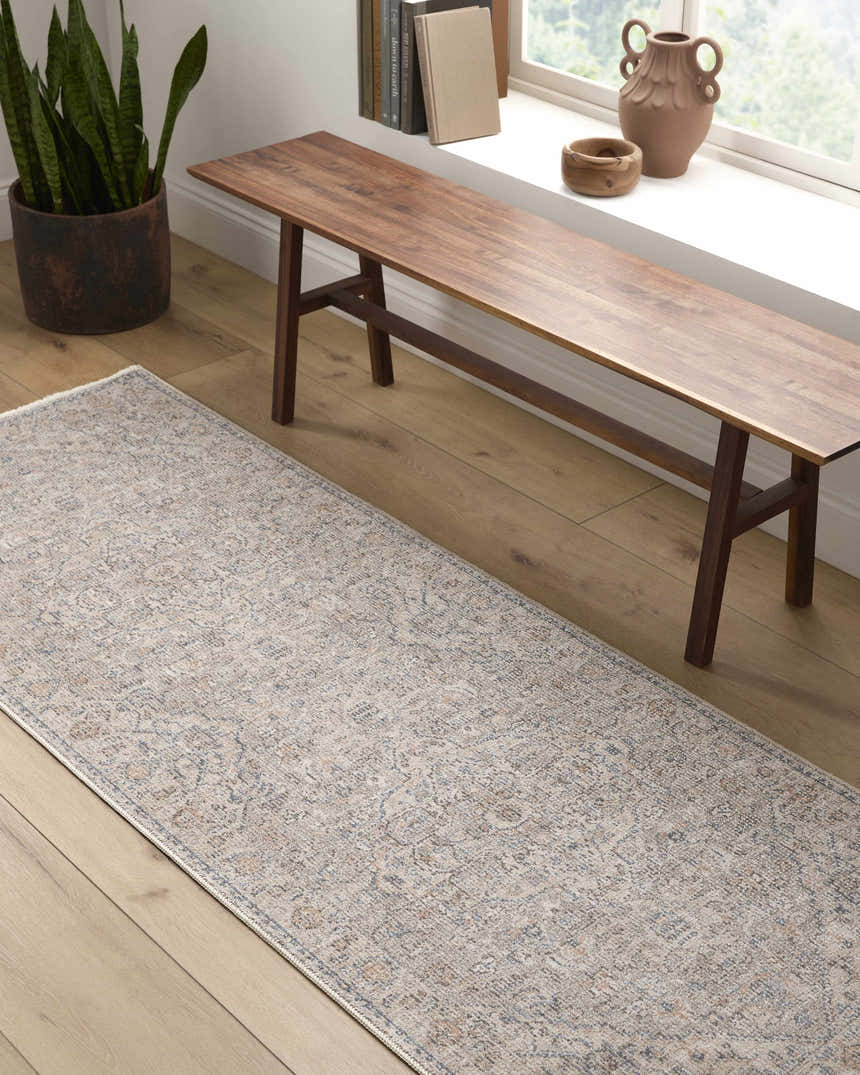 Entryway with wood bench and Galey Alix Maria Elena I Vintage Medallion Rug in beige, dark red, and navy. Roomscene-Runner