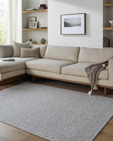 Living room with neutral sectional and Breena Medium Gray Washable Area Rug on hardwood floor. Farmhouse style. Roomscene-Rectangle