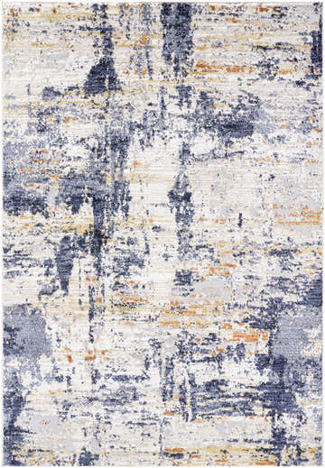 Close-up of the Bazyli Area Rug. Contemporary ivory, light gray, navy, peach, and white abstract design. Design-Rectangle-5373