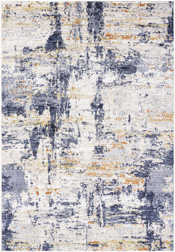 Close-up of the Bazyli Area Rug. Contemporary ivory, light gray, navy, peach, and white abstract design. Design-Rectangle-5373