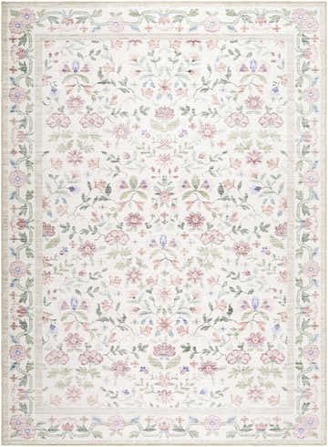 Brigid Washable Area Rug close-up: Off-white rug with light blue, green, and pink floral pattern and border. Contemporary style. Design-Rectangle-679