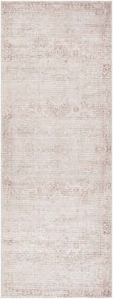 Close-up of the Galey Alix Collins Avenue V Vintage Medallion Rug. Beige, dark red, ivory, and light gray farmhouse style. Design-Runner-2773