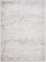 Close-up of the Galey Alix Collins Avenue V Vintage Medallion Rug. Beige rug with dark red, ivory, and light gray traditional pattern. Design-Rectangle-527