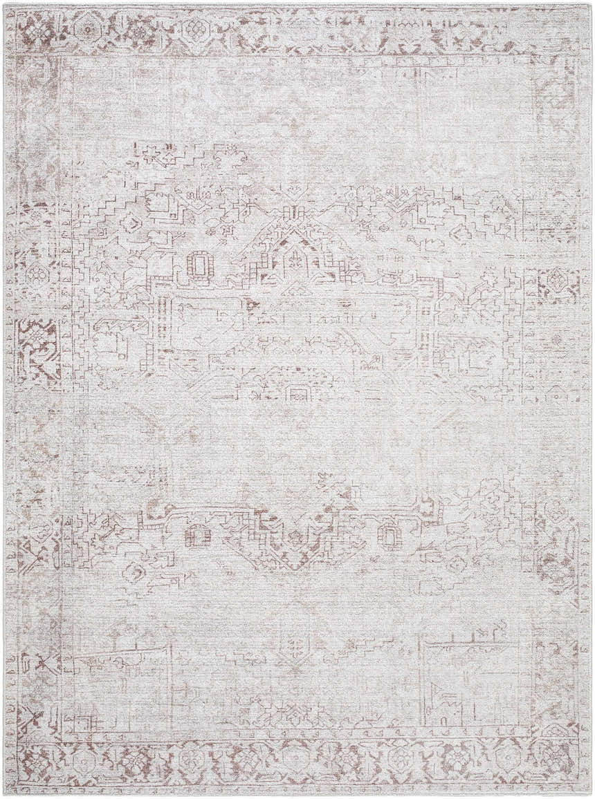 Close-up of the Galey Alix Collins Avenue V Vintage Medallion Rug. Beige rug with dark red, ivory, and light gray traditional pattern. Design-Rectangle-527