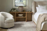 Bedroom scene with Galey Alix Collins Avenue V Vintage Medallion Rug in beige, red, and gray. Neutral tones, cozy reading nook. Roomscene-Rectangle