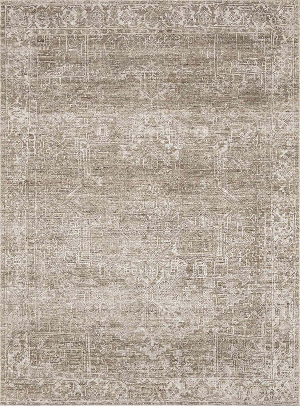 Close-up of Galey Alix Collins Avenue VI Vintage Medallion Rug. Dark brown and ivory traditional rug with a distressed medallion pattern. Design-Rectangle