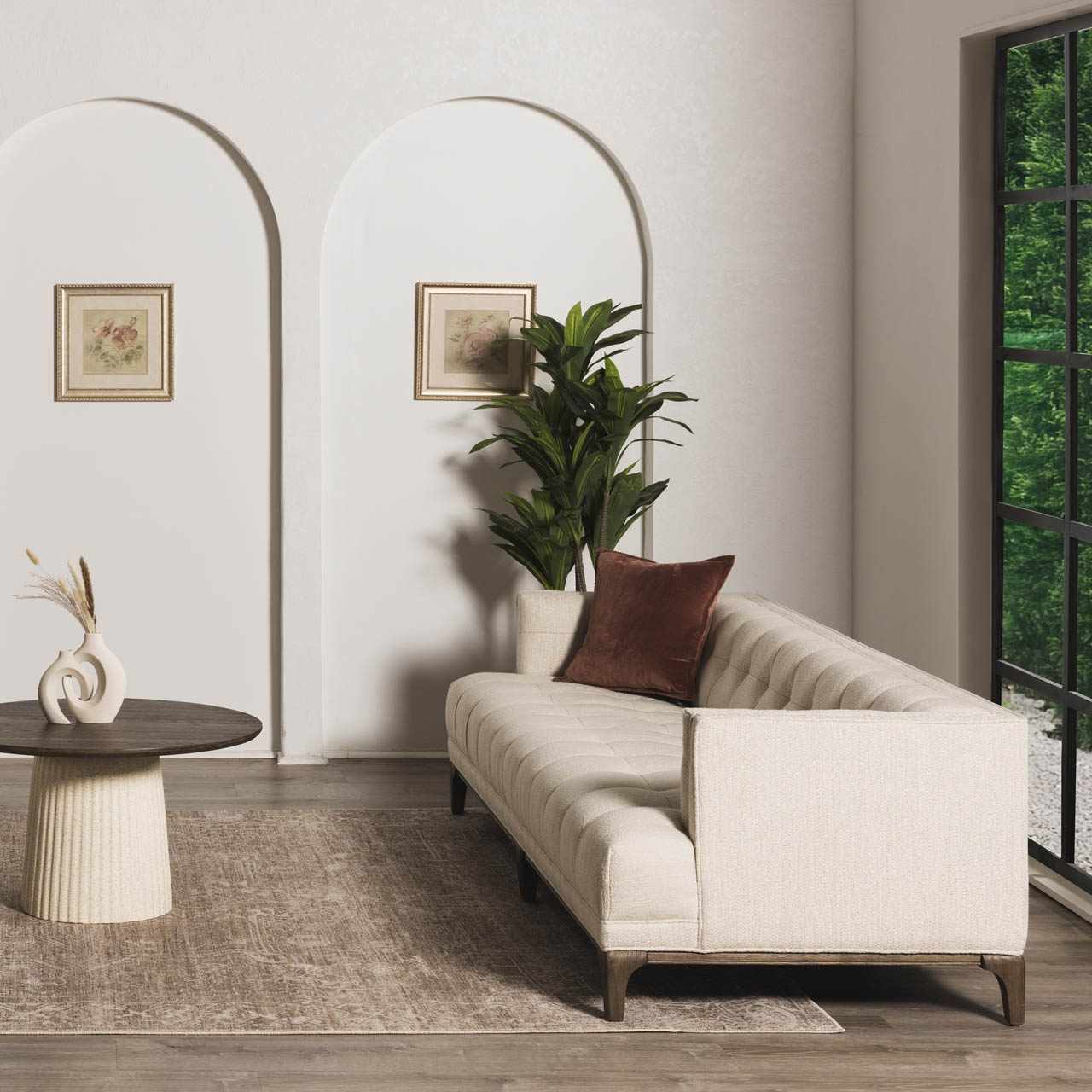Living room scene with ivory sofa and Galey Alix Collins Avenue VI vintage medallion rug in dark brown, ivory, and olive. Roomscene-Rectangle