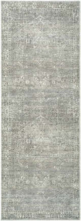Close-up of the Galey Alix Collins Avenue VII Vintage Medallion Rug. Gray, green, and ivory farmhouse style rug with a traditional pattern. Design-Runner-2773