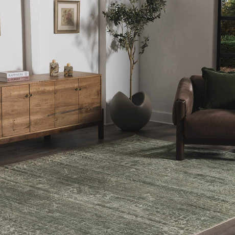 Living room scene with a Galey Alix Collins Avenue VII gray and green vintage medallion rug, wood cabinet, and leather chair. Roomscene-Rectangle