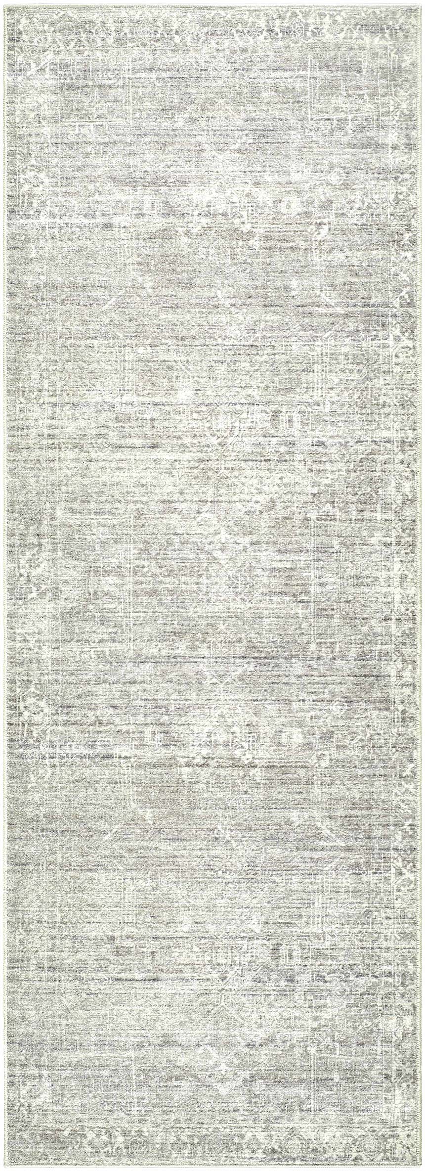 Close-up of the Galey Alix Collins Avenue VIII Vintage Medallion Rug. Farmhouse style rug in dark brown, pink, ivory, and gray. Design-Runner-273