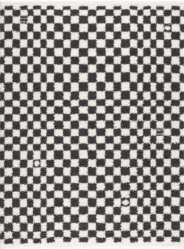 Close-up of the Kieu Black & White Checkered Shag Rug. The rug has a soft, textured pile and a bold checkered pattern. Design-Rectangle-537