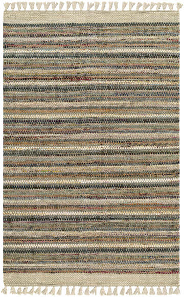 Close-up of the Brenda Sage Area Rug. Hand-woven cotton rug with horizontal stripes in charcoal, ivory, olive, rust, and sandstone. Design-Rectangle