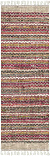 Close-up of the hand woven Brenda Crimson Area Rug, featuring stripes of red, gold, gray, and white with tassels. Design-Runner-268