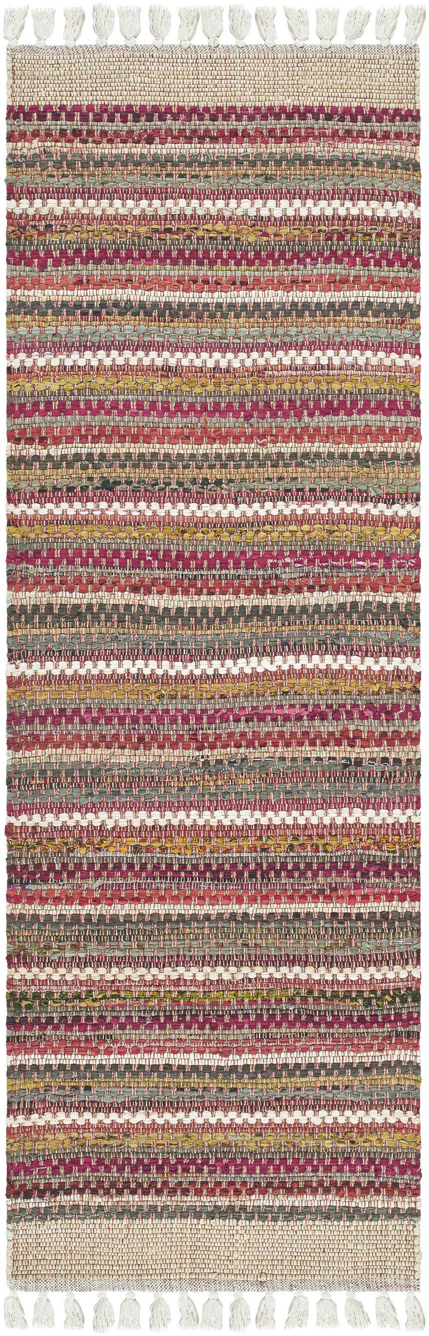 Close-up of the hand woven Brenda Crimson Area Rug, featuring stripes of red, gold, gray, and white with tassels. Design-Runner-268