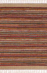 Close-up of the hand woven Brenda Crimson Area Rug. Features red, orange, and neutral stripes with tassel fringe. Design-Rectangle