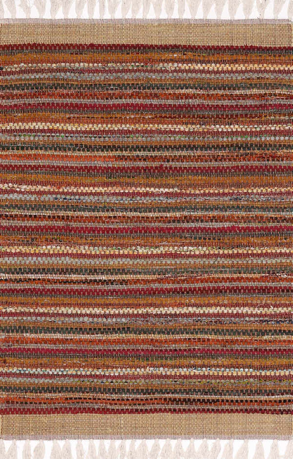 Close-up of the hand woven Brenda Crimson Area Rug. Features red, orange, and neutral stripes with tassel fringe. Design-Rectangle