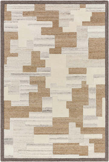 Close-up of the Berker Area Rug. Hand-tufted wool rug with a contemporary geometric pattern in beige, cream, taupe, and charcoal. Design-Rectangle-576