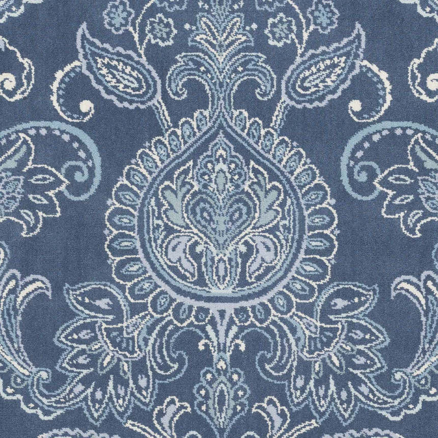 Close-up of Simpatico Candice Olson x LIVABLISS SPO-1000 Area Rug; navy wool with cream, light blue, and pale blue paisley pattern. Swatch