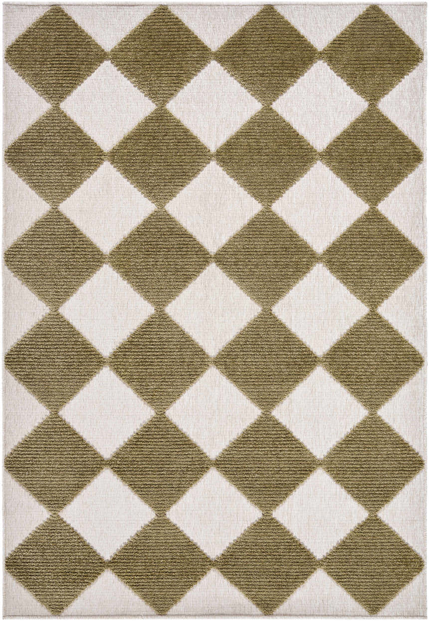 Close-up of Bosley Olive Washable Area Rug. Features a diamond pattern with off-white and olive colors. Contemporary style. Design-Rectangle-57
