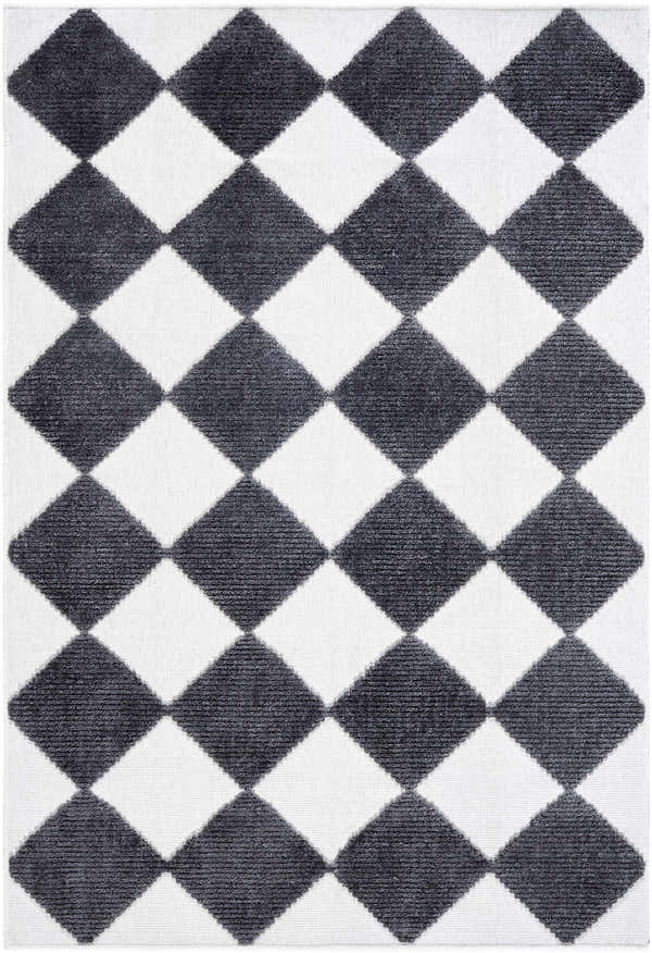 Close-up of Bosley Black Washable Area Rug, featuring a contemporary black and off-white diamond pattern. Design-Rectangle-57