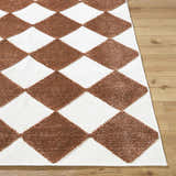 Close-up of the Bosley Brown Washable Area Rug. Brown diamond pattern on off-white background. Machine woven texture. Front