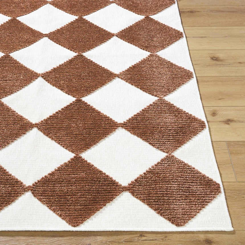 Close-up of the Bosley Brown Washable Area Rug. Brown diamond pattern on off-white background. Machine woven texture. Front