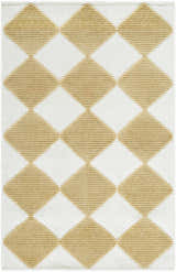 Close-up of Bosley White Washable Area Rug with a contemporary diamond pattern in mustard and white. Machine woven texture. Design-Rectangle
