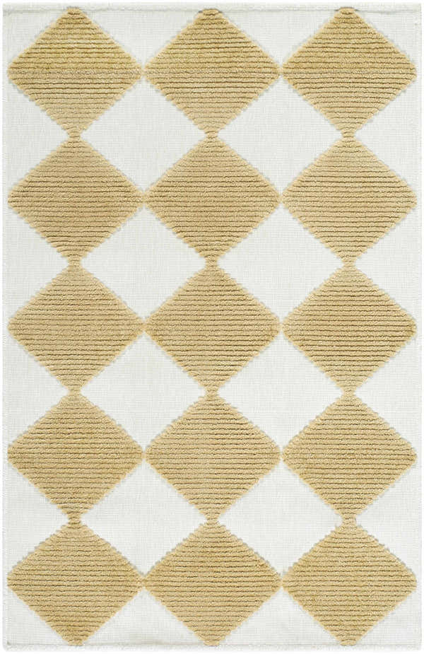 Close-up of Bosley White Washable Area Rug with a contemporary diamond pattern in mustard and white. Machine woven texture. Design-Rectangle
