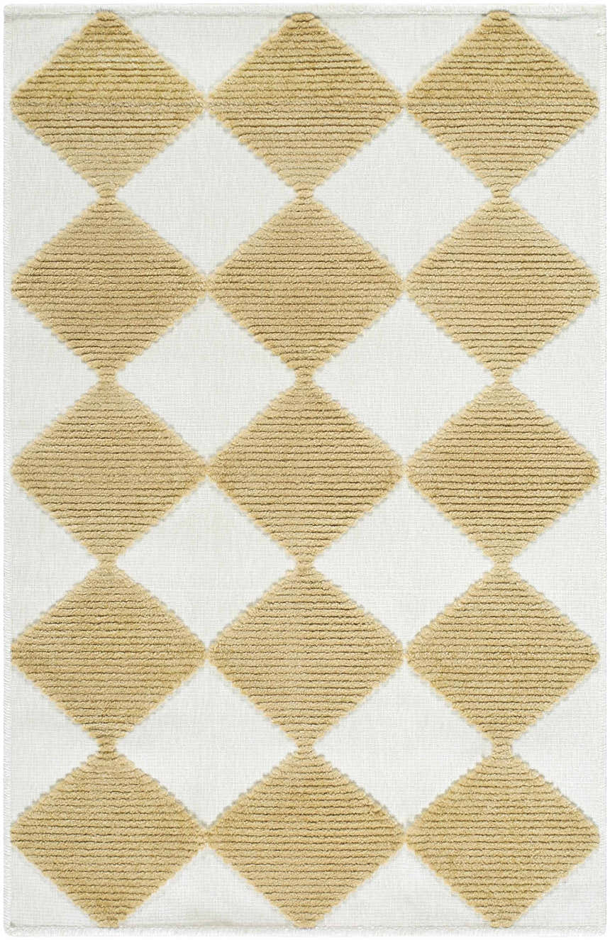 Close-up of Bosley White Washable Area Rug with a contemporary diamond pattern in mustard and white. Machine woven texture. Design-Rectangle