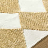 Close-up of Bosley White Washable Area Rug showing mustard and white checkerboard pattern and soft, textured pile. Texture