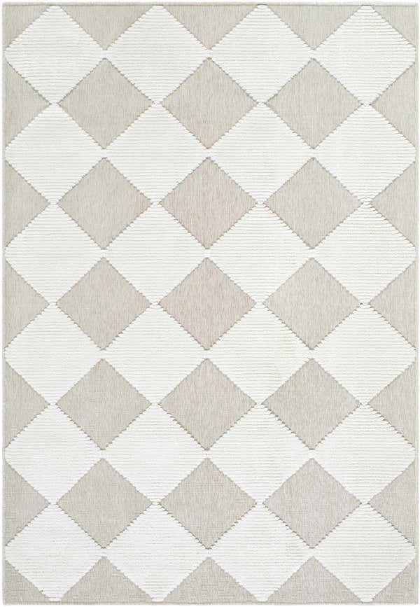 Close-up of the Bosley Beige Washable Area Rug featuring a contemporary diamond pattern in beige and cream hues. Design-Rectangle-576