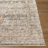 Close-up of the Brycen Area Rug showing its traditional pattern, cream, brown, red, and gray colors, and soft texture. Front