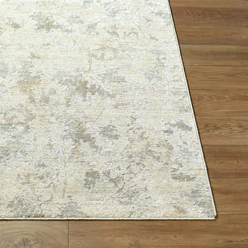 Close up of Bisera Thick Luxe Area Rug on wood floor. Contemporary style with neutral colors. Front